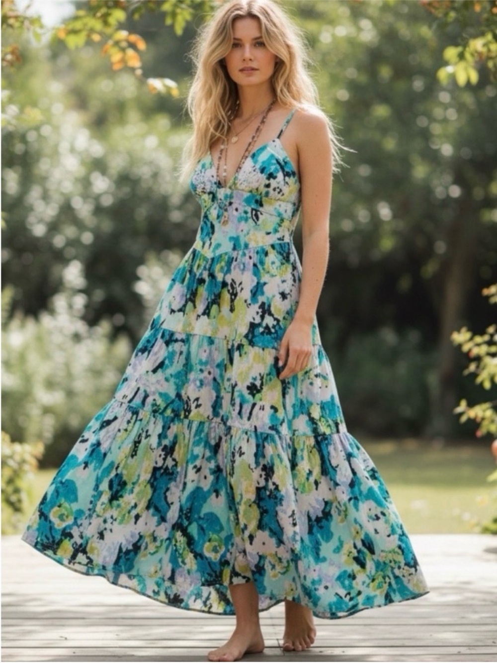 Free People Teal Green Floral Tiered Maxi Dress